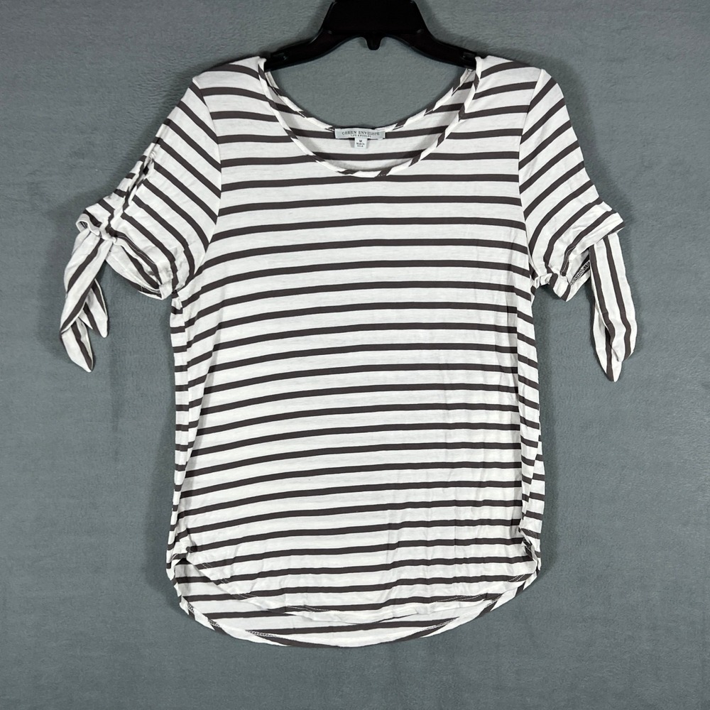 Green Envelope Womens Top Size M Brown White Striped Short Sleeve Tie Detail